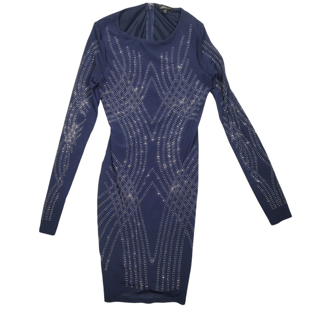 Lashe Bodycon Dress Women M Navy Blue Rhinestone Studded Mesh‎ Long Sleeve
